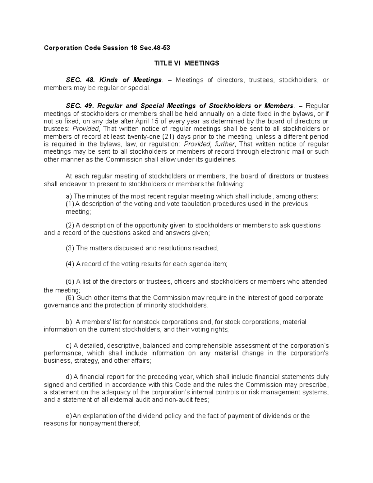 Corp Partnership and Corporation Corporation Code Session 18 Sec