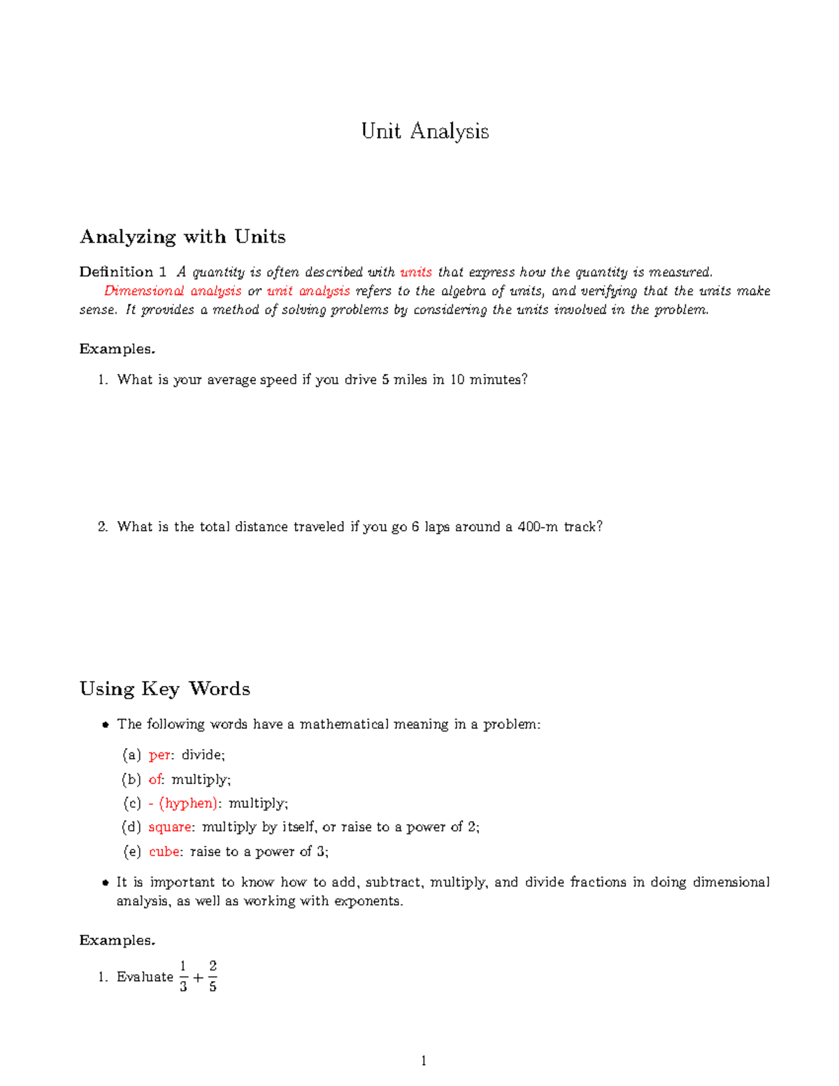 Unit Analysis Unit Analysis Analyzing with Units Definition 1 A