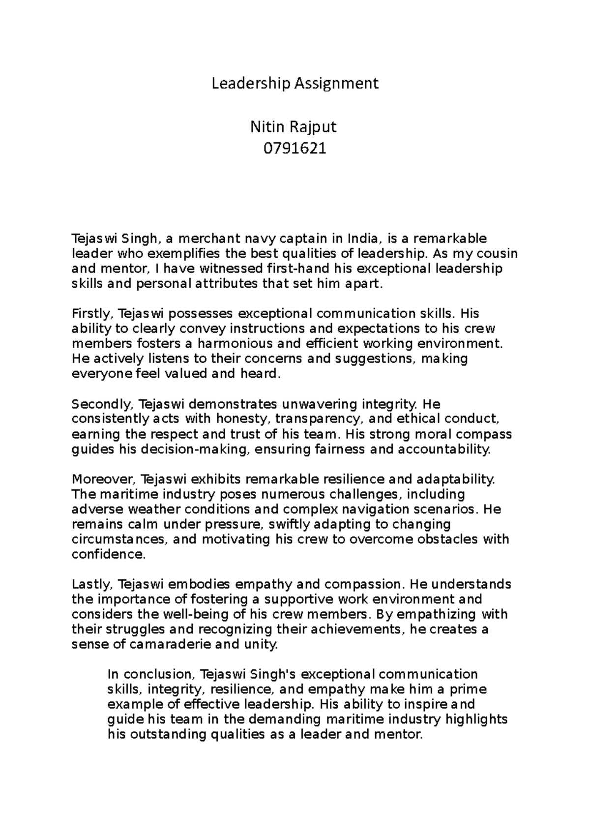 Leadership Assignment - Leadership Assignment Nitin Rajput 0791621 ADMN ...