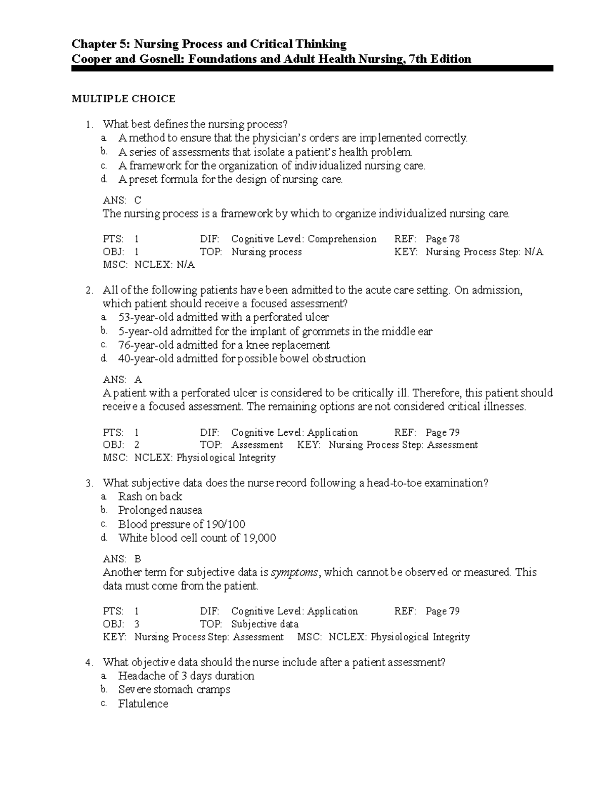 Ch 5 - Ch5 - Chapter 5: Nursing Process And Critical Thinking Cooper ...