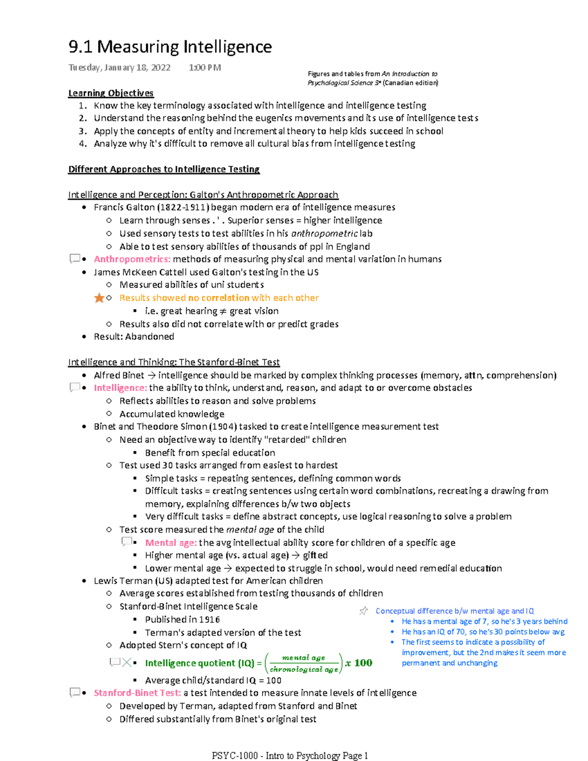 03 Measuring Intelligence (Chapter 9.1) - PSYC-1000 - U of W - Studocu