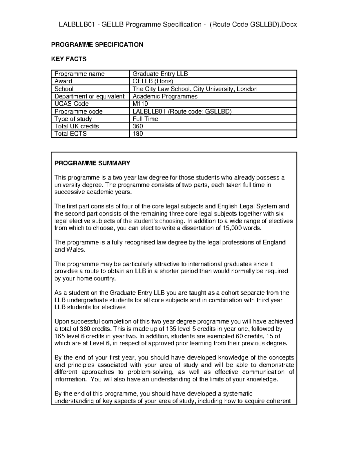 Lalbllb 01 Gellb Programme Specification Route Code Gsllbd PROGRAMME