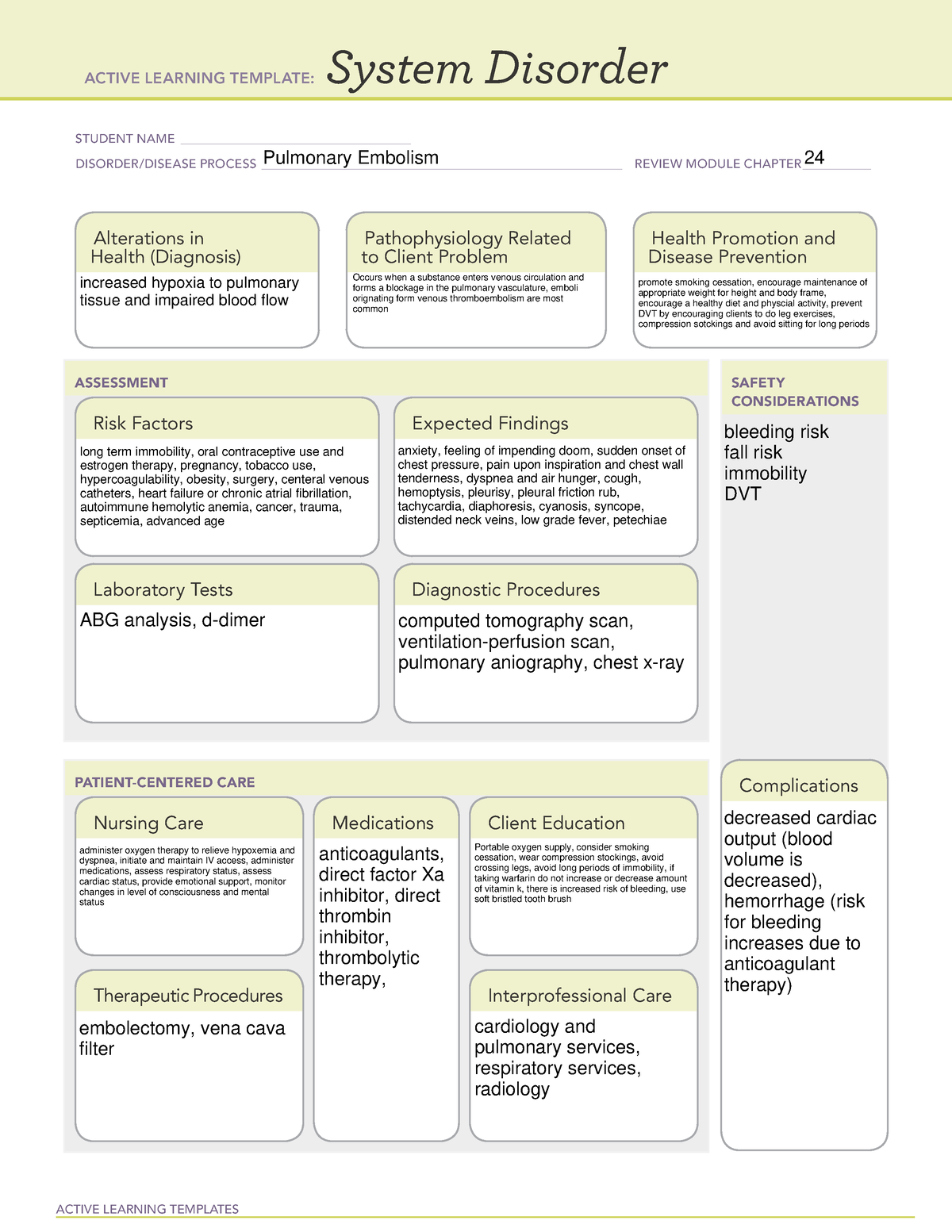 Pulmonary Embolism Systems Disorder Template - ACTIVE LEARNING ...