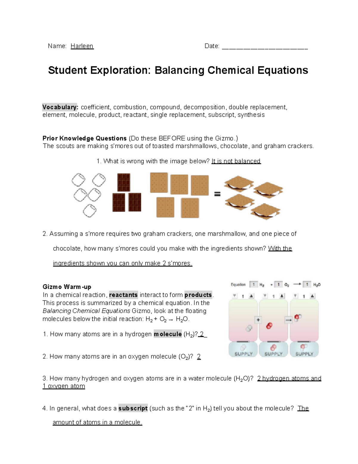 Balancing Chemical Equations Study Guide (SE) - Name: Harleen Date