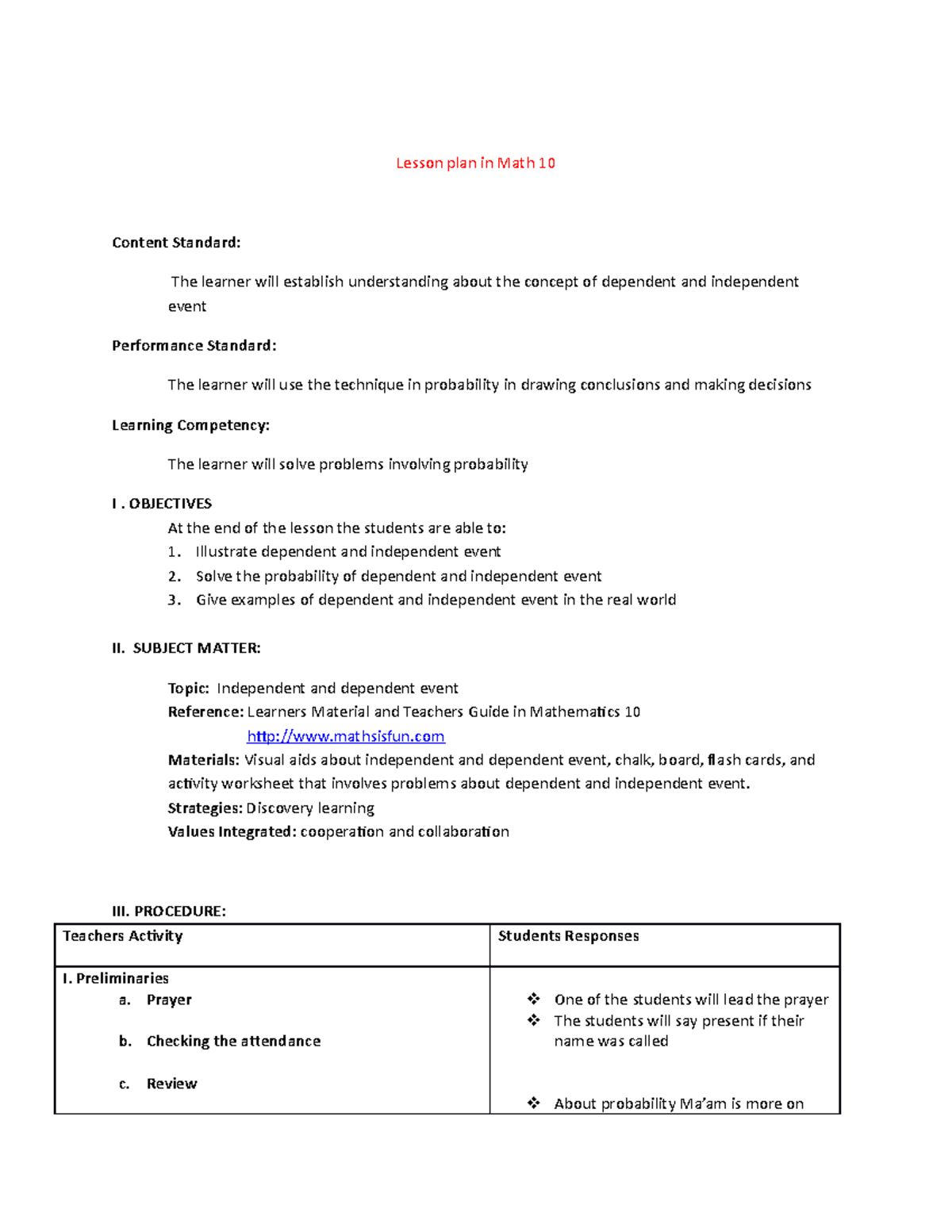 Lesson Plan in Independent and dependnt event 3 - Lesson plan in Math ...