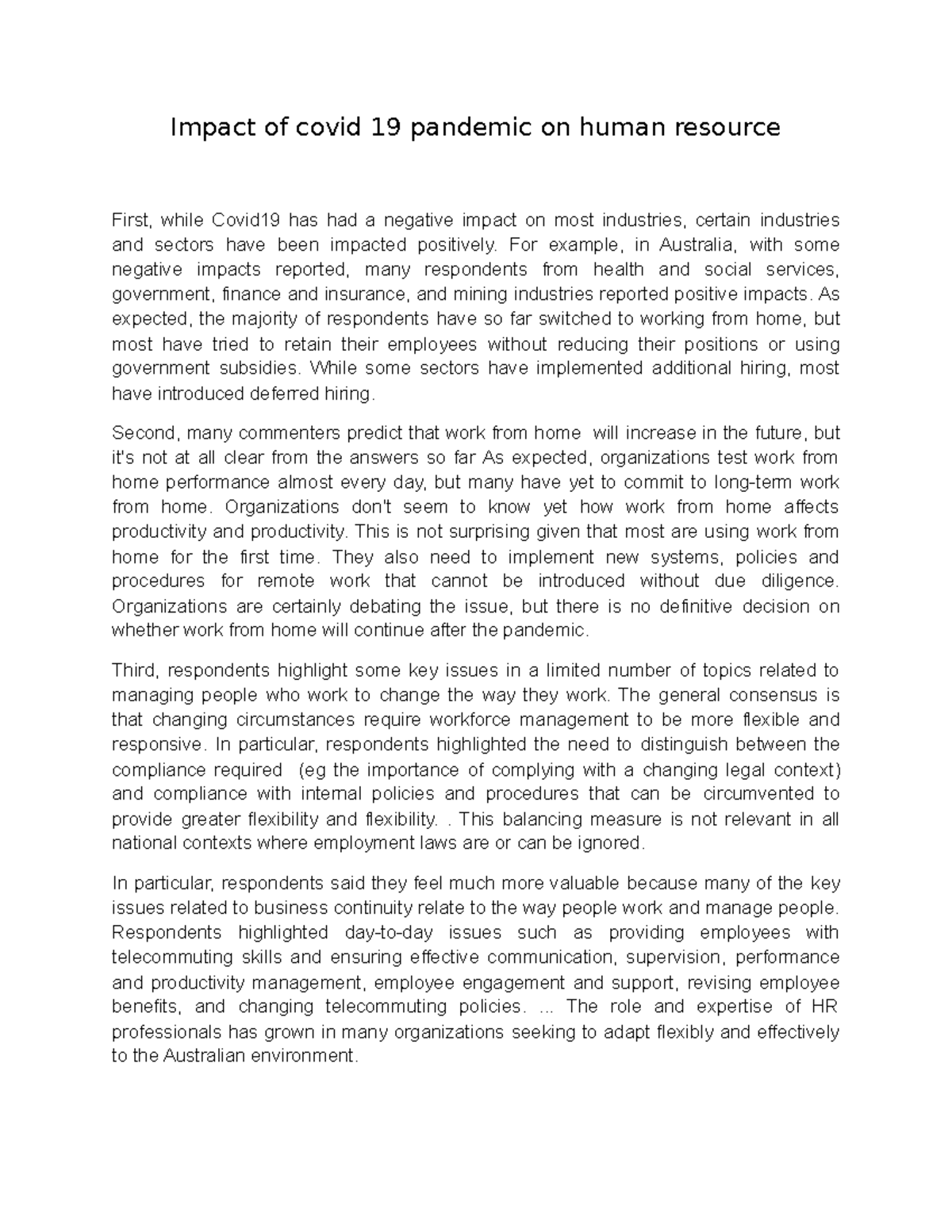 Impact of covid 19 pandemic on human resource - MA3004 - Northern ...