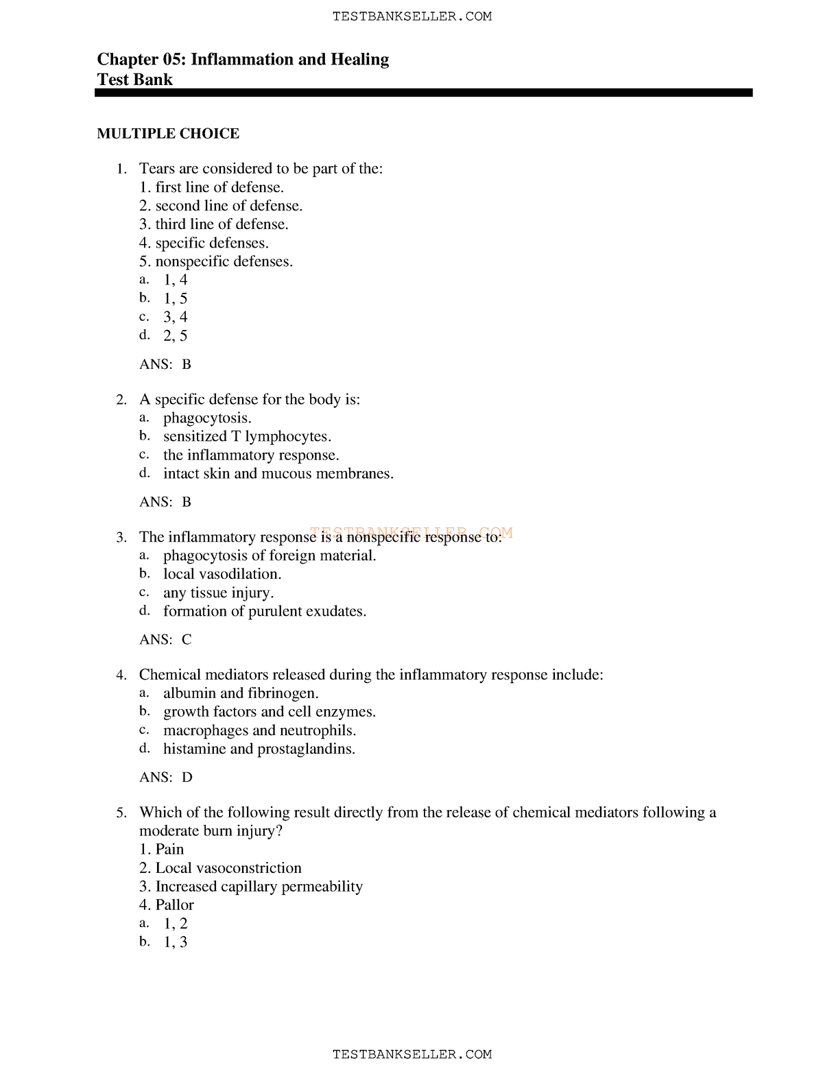 05 - Med Surg - TESTBANKSELLER Chapter 05: Inflammation And Healing ...
