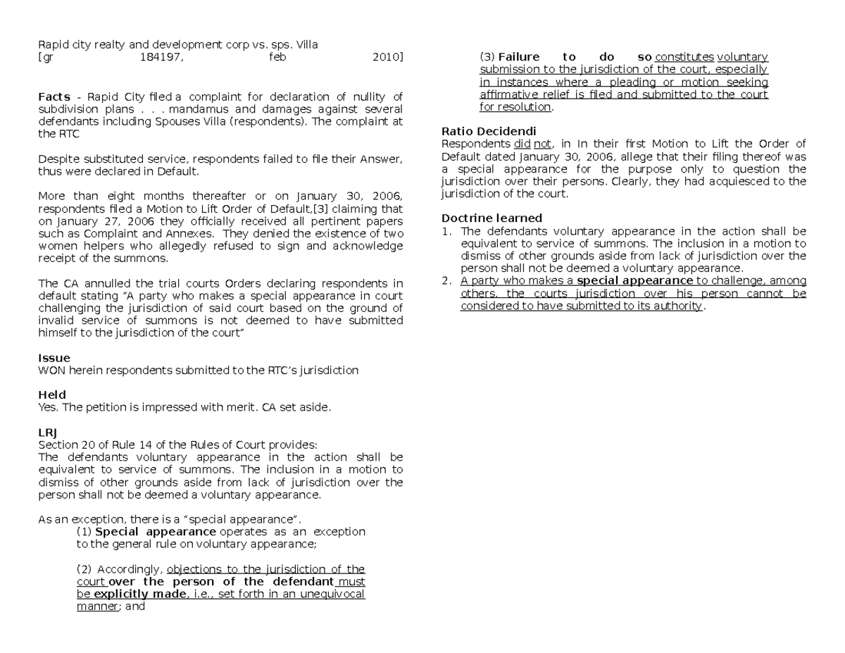 Digest jurisdiction Rapid city realty vs Villa Rapid city realty and