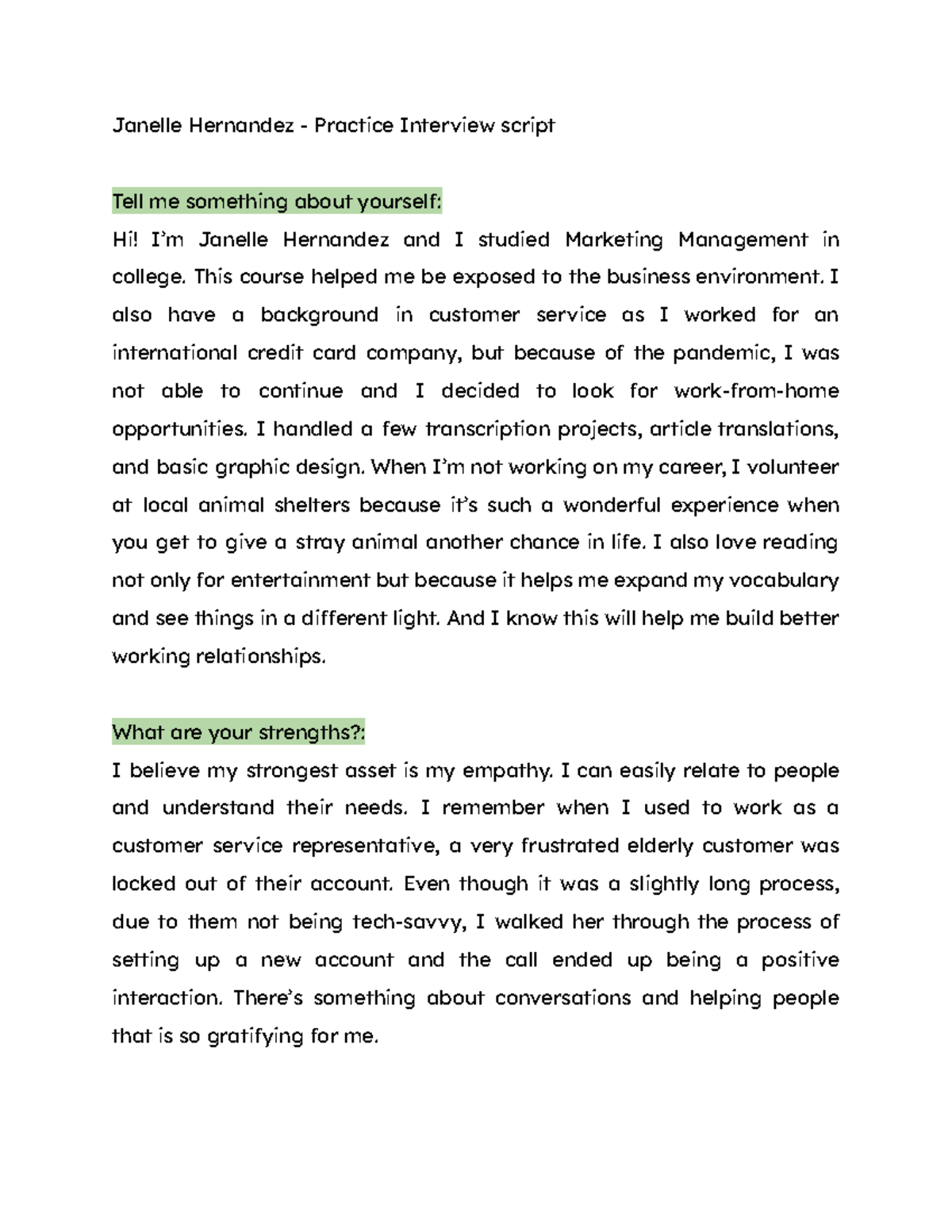 Script for practice interview copy copy - Janelle Hernandez - Practice ...