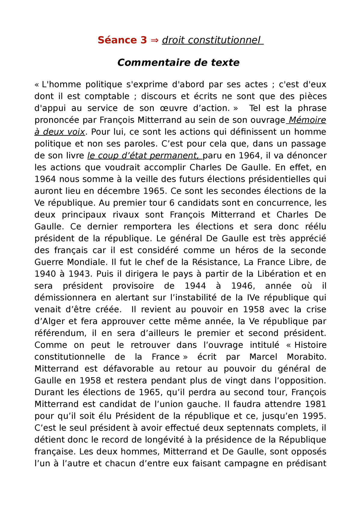 Droit Constitutionnel Commentaire De Texte De Gaulle Séance 3 ⇒ Droit Constitutionnel