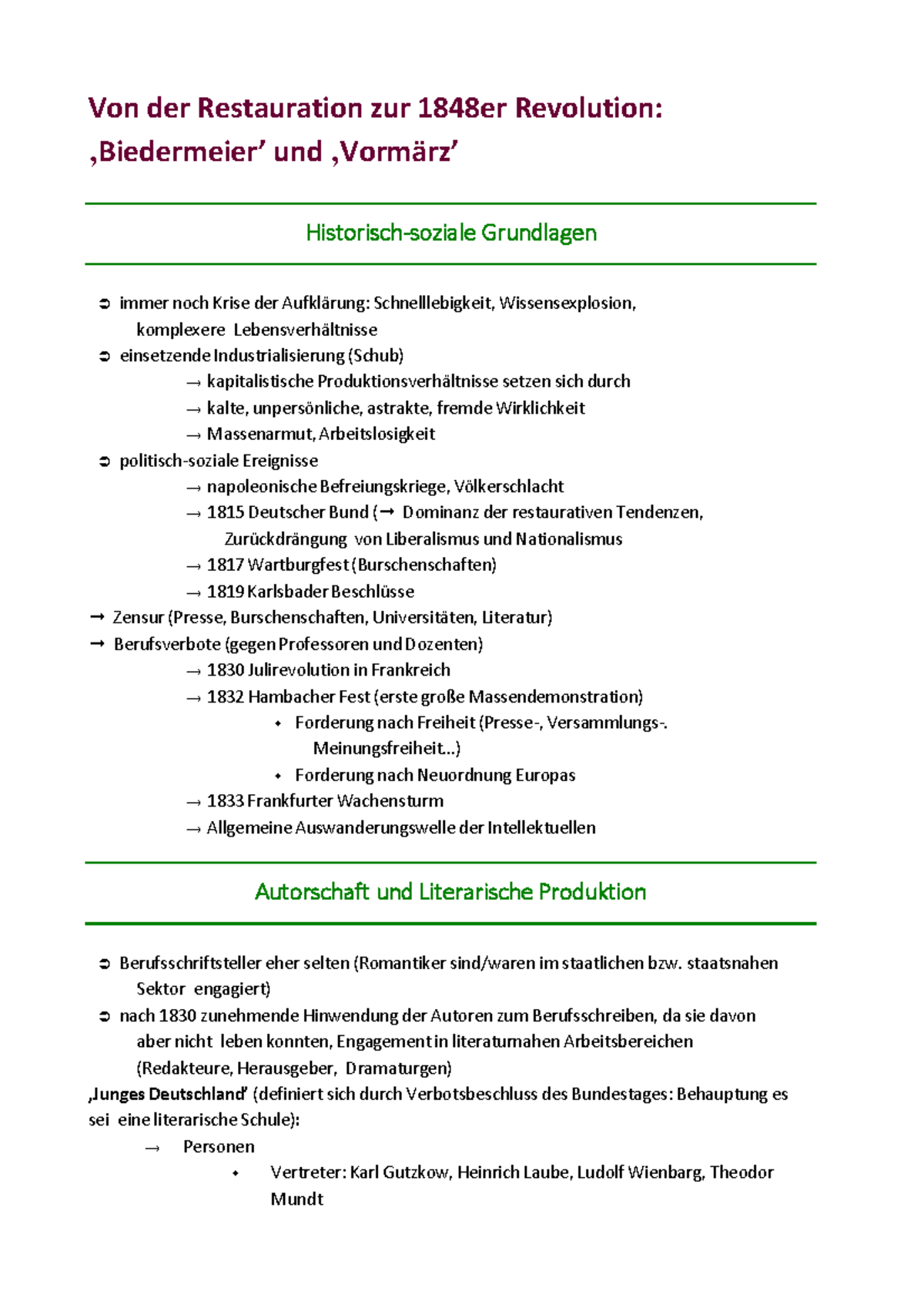 Von der Restauration zur 1848er Revolution Biedermeier und Vormärz
