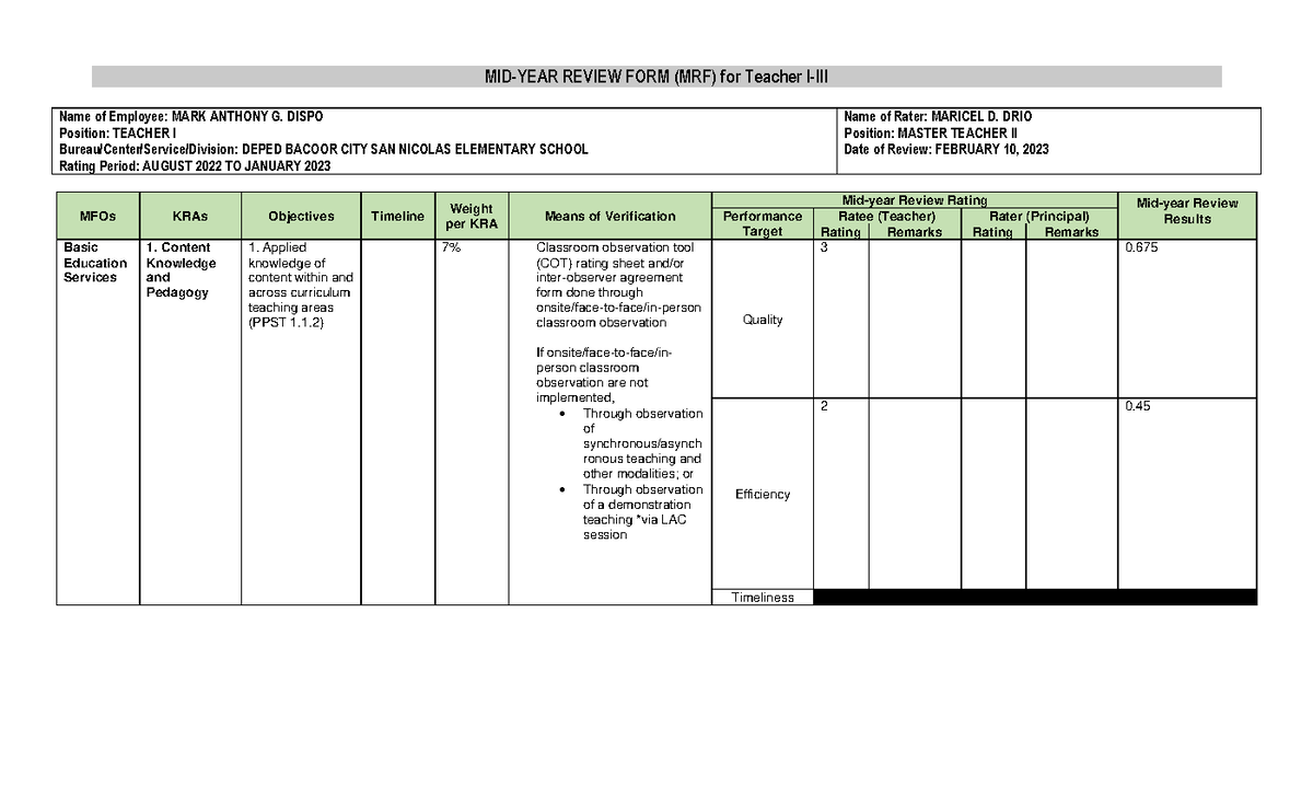 Appendix E MYRF - MID-YEAR REVIEW FORM (MRF) for Teacher I-III Name of ...