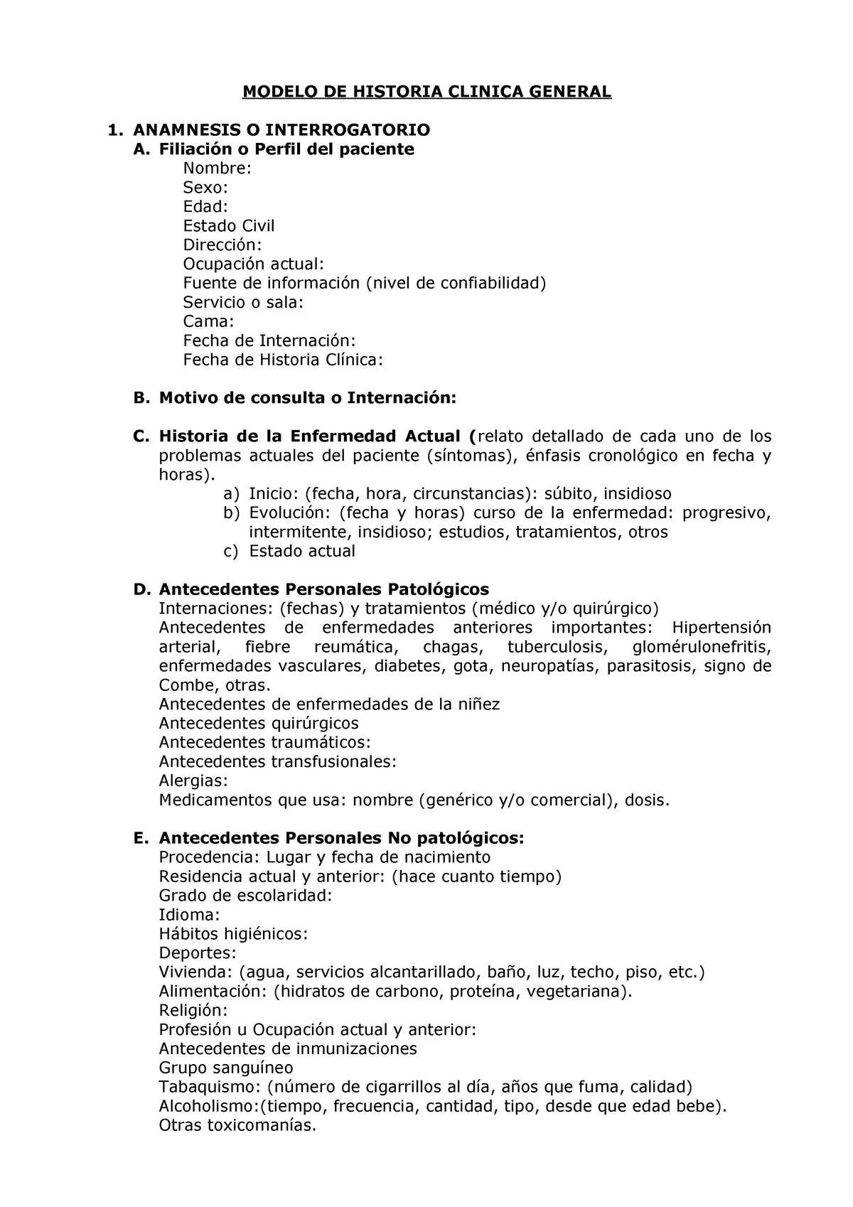Modelo De Historia Clinica Modelo De Historia Clinica General 1 Anamnesis O Interrogatorio A 8072