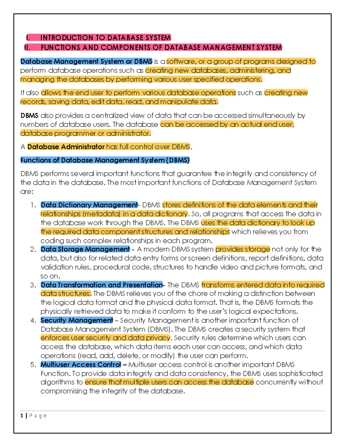 PROF 1 Group 1 - Lecture Notes - I. INTRODUCTION TO DATABASE SYSTEM II ...