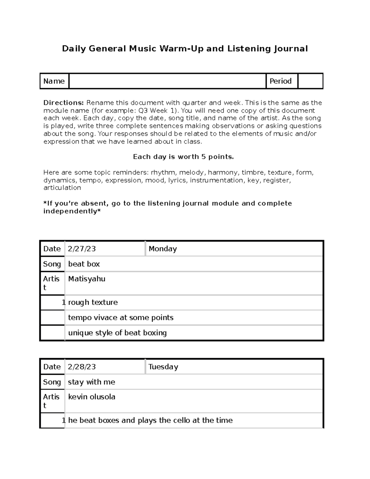 Copy of Listening Journal Template Daily General Music WarmUp and