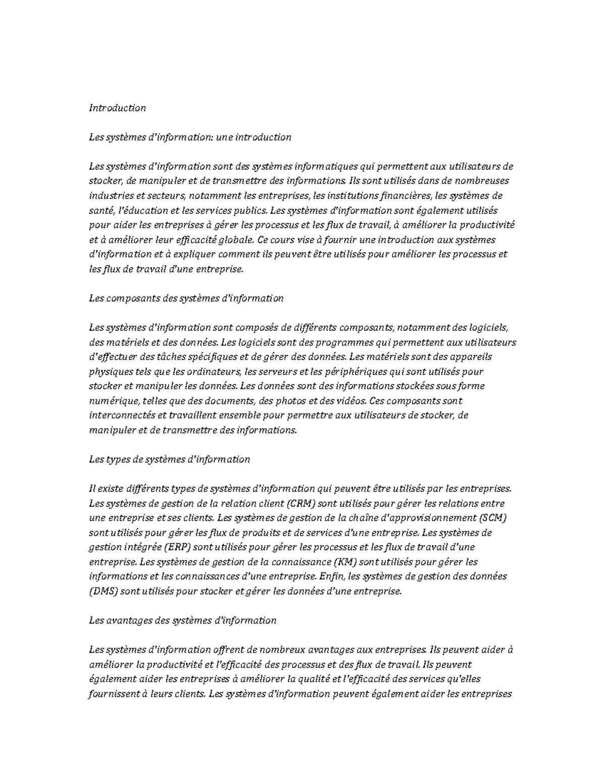 Information Systems Study Notes - Introduction Les systèmes d ...