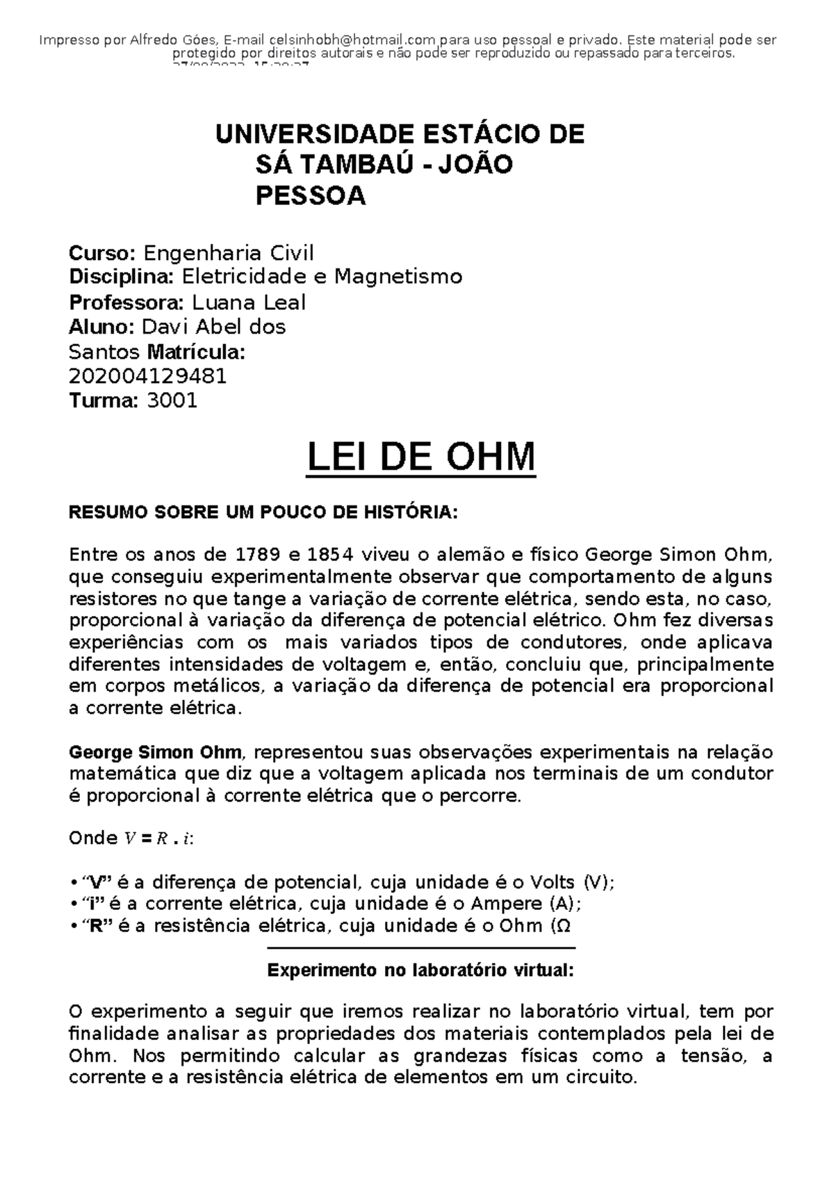 Trabaho de pesquisa no laboratório virtual - Lei de Ohm Passei Direto ...