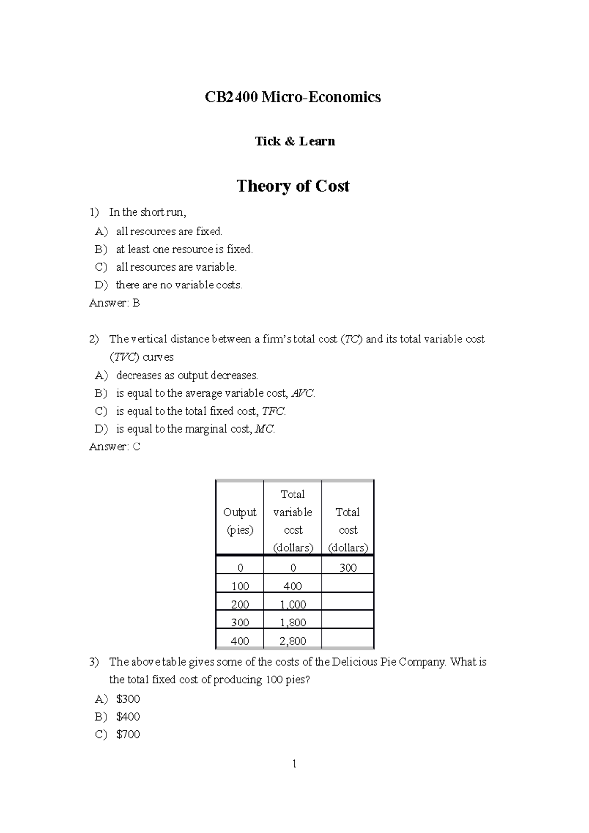 (06 CB2400 Tick & Learn Theory OF COST CB2400 MicroEconomics Tick