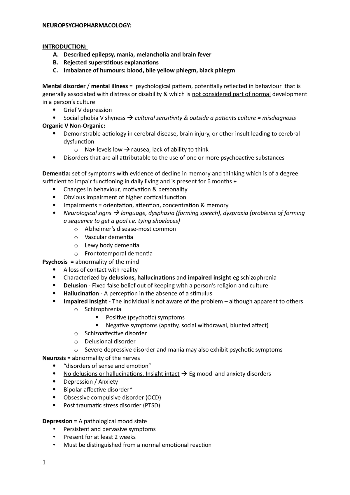 Neuropscyhopharmacology Notes - INTRODUCTION: A. Described epilepsy ...