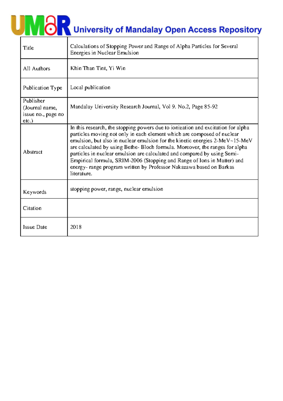 Calculations of Stopping Power and Range of Alpha Particles for - Title ...