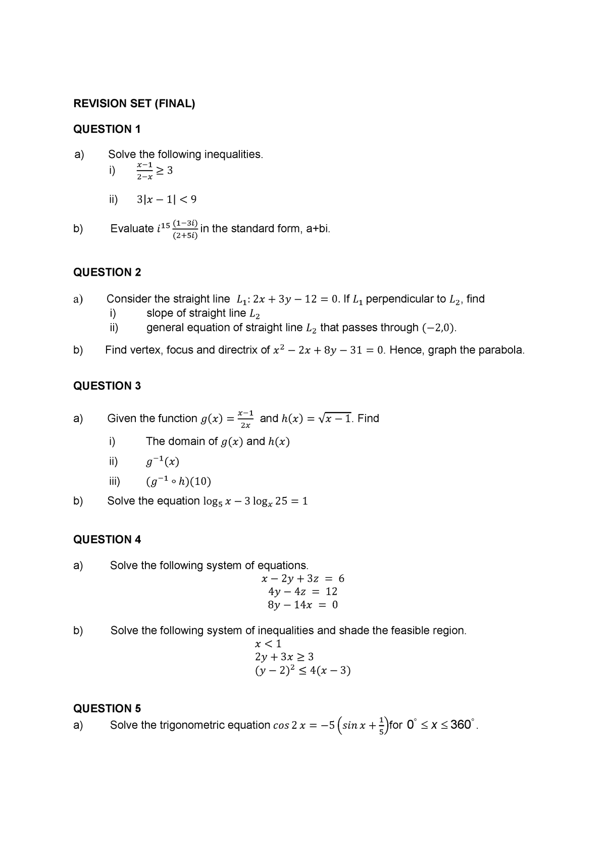 Revision Set Final - Lecture notes 1 - REVISION SET (FINAL) QUESTION 1 ...