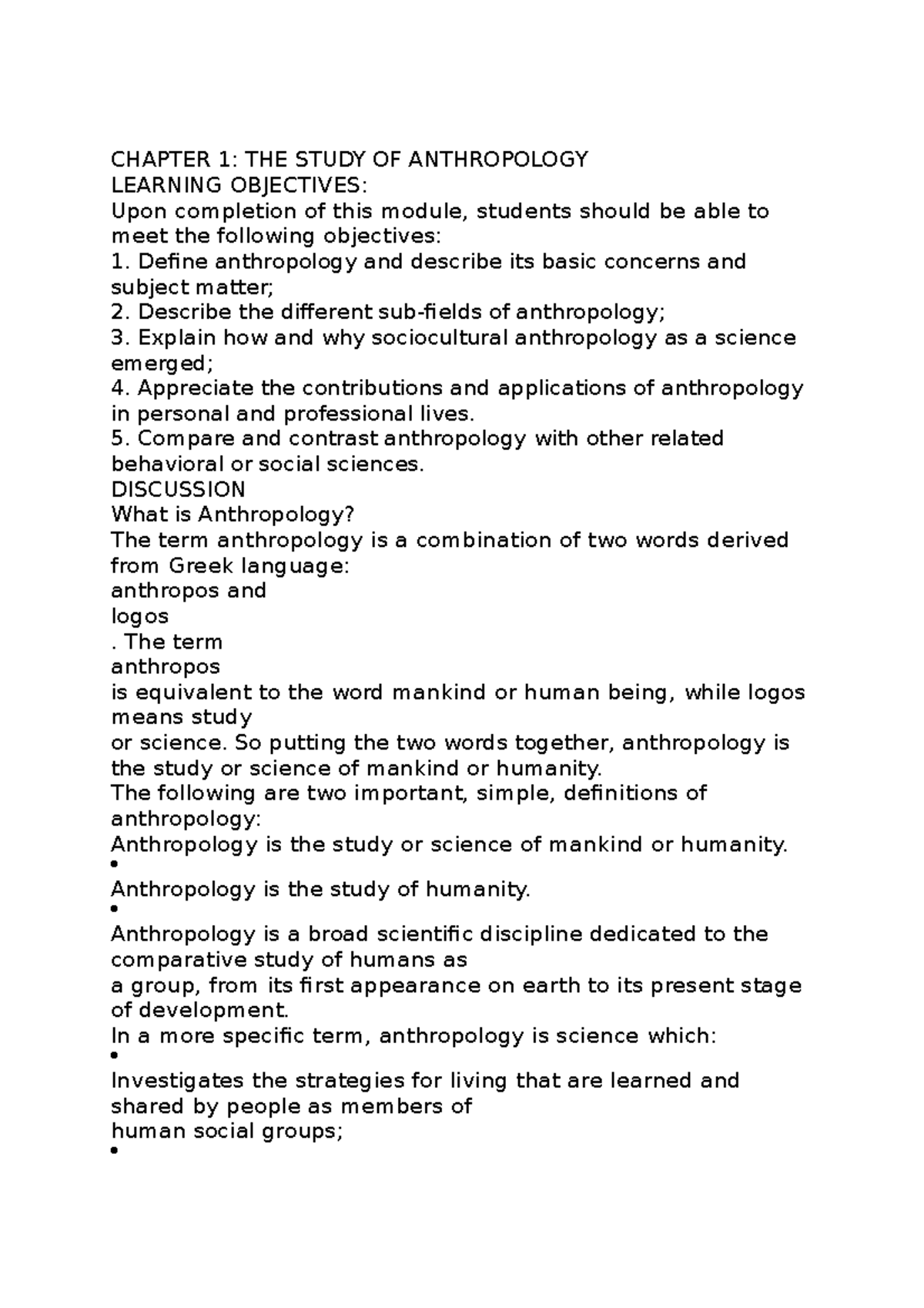 Chapter 1 THE Study OF Anthropology - CHAPTER 1: THE STUDY OF ...