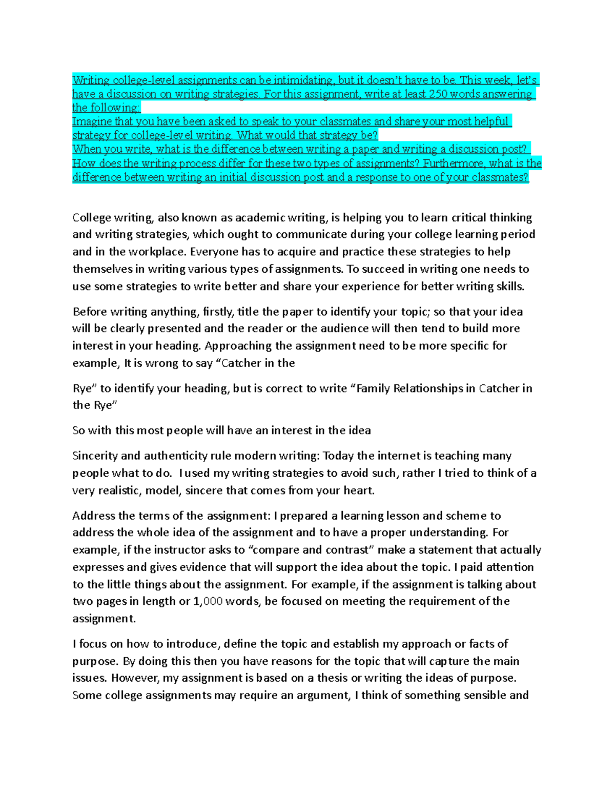 UNIV 1001 Discussion Forum UNIT 2 - Writing college-level assignments ...