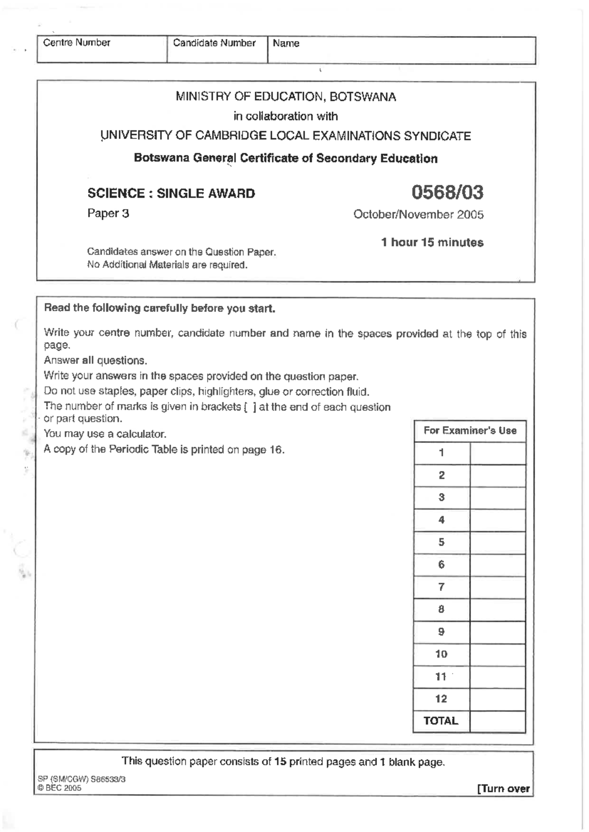 Single 2005 p3 - help me revise - Centre Number Candidate Number Name ...