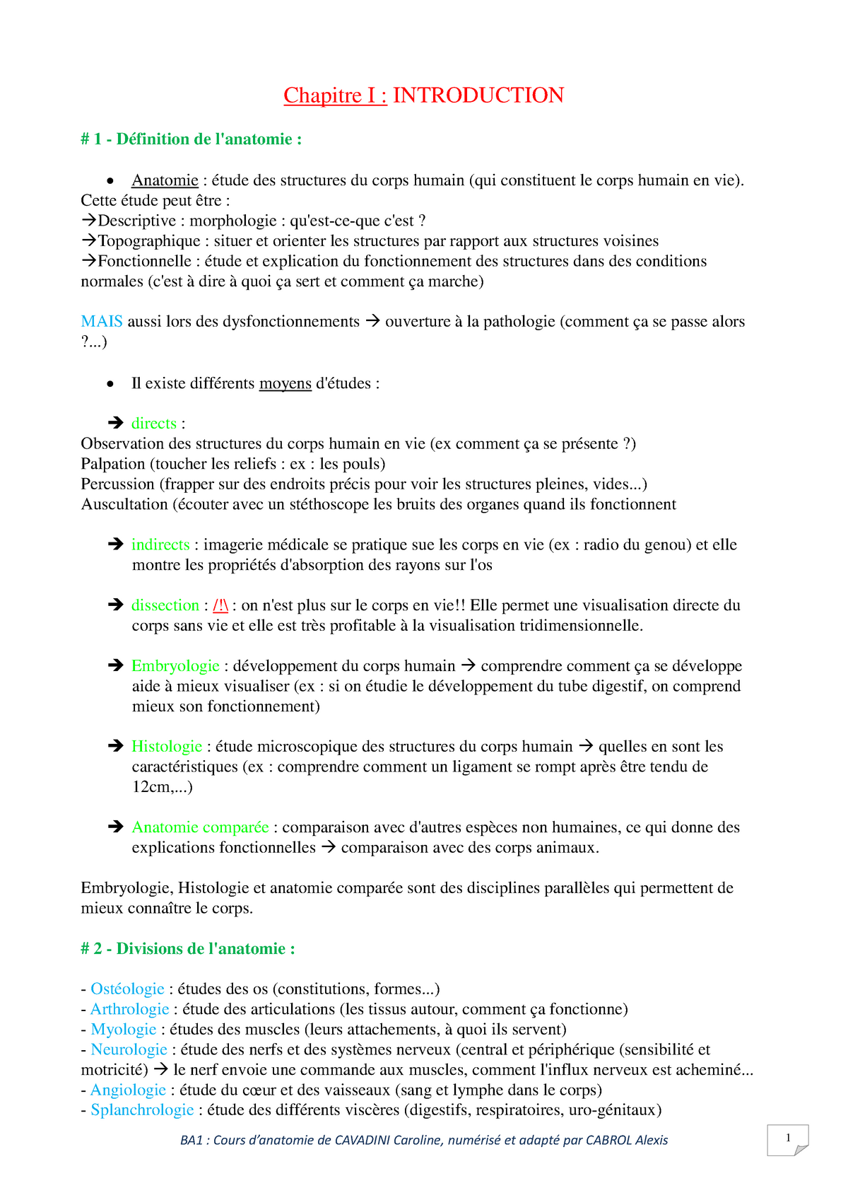 Anatomie Humaine Note De Cours - Chapitre I : INTRODUCTION # 1 ...