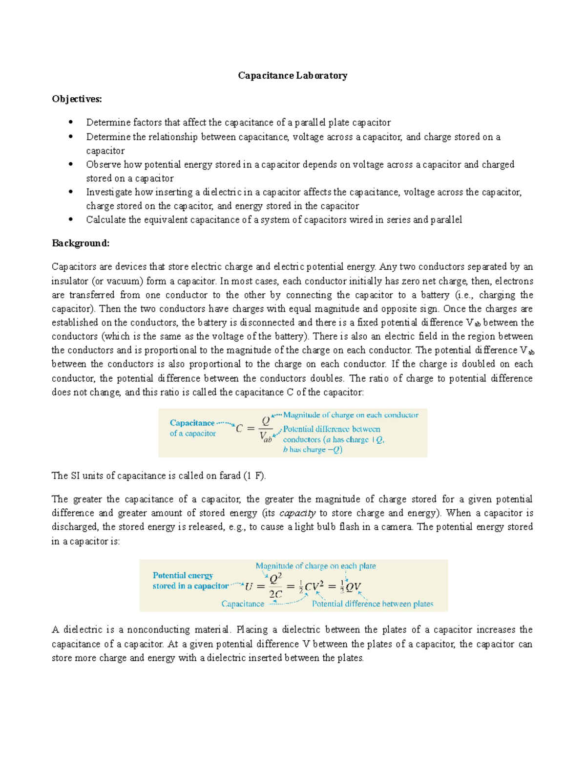 Capacitance Lab 2 Homework Assignment Capacitance Laboratory