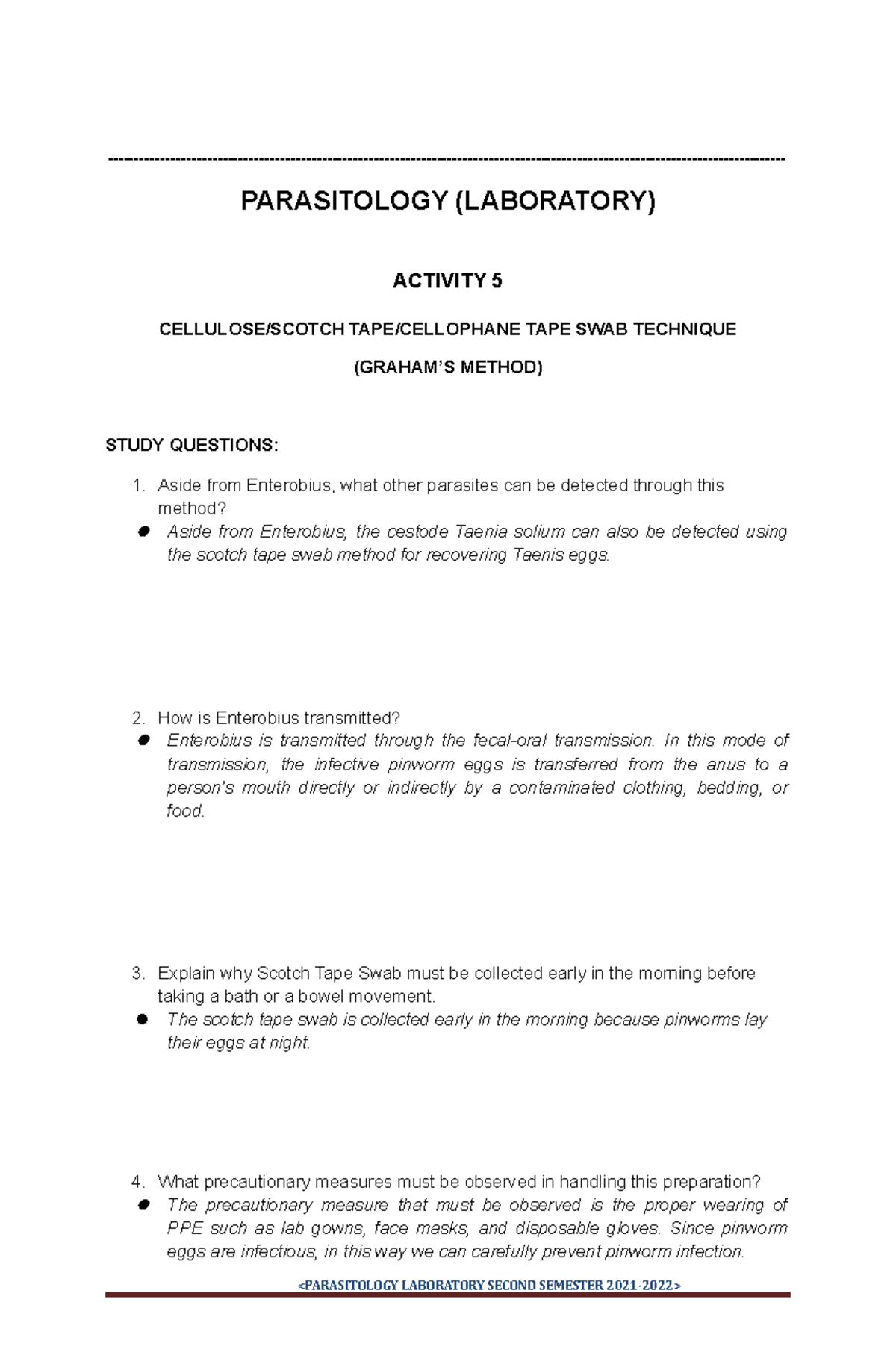 Parasitology Scotch TAPE SWAB Technique OR Graham;S Method Medlabsci