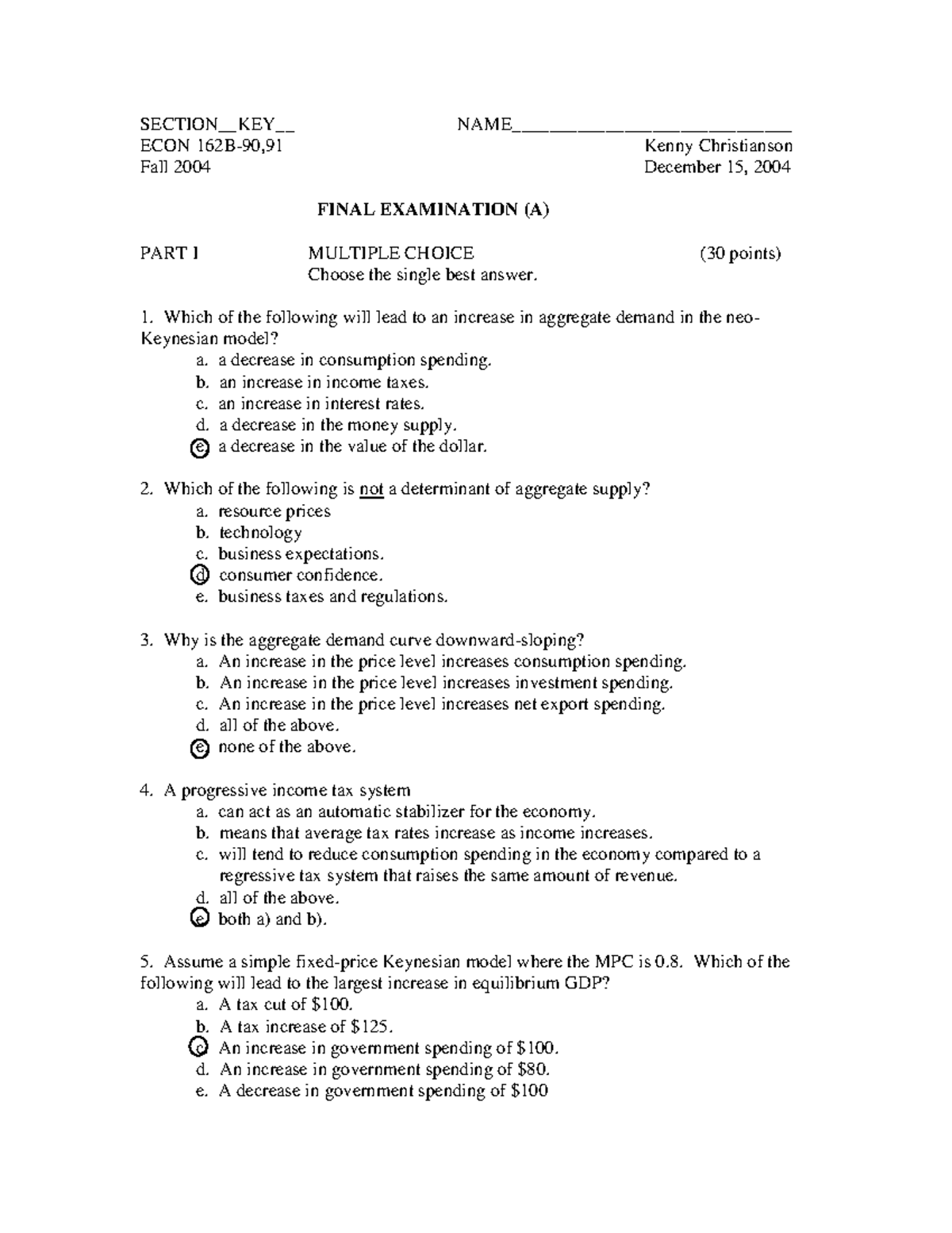 Final Fall04 Answers - Practice Materials For Exam - SECTION__KEY ...