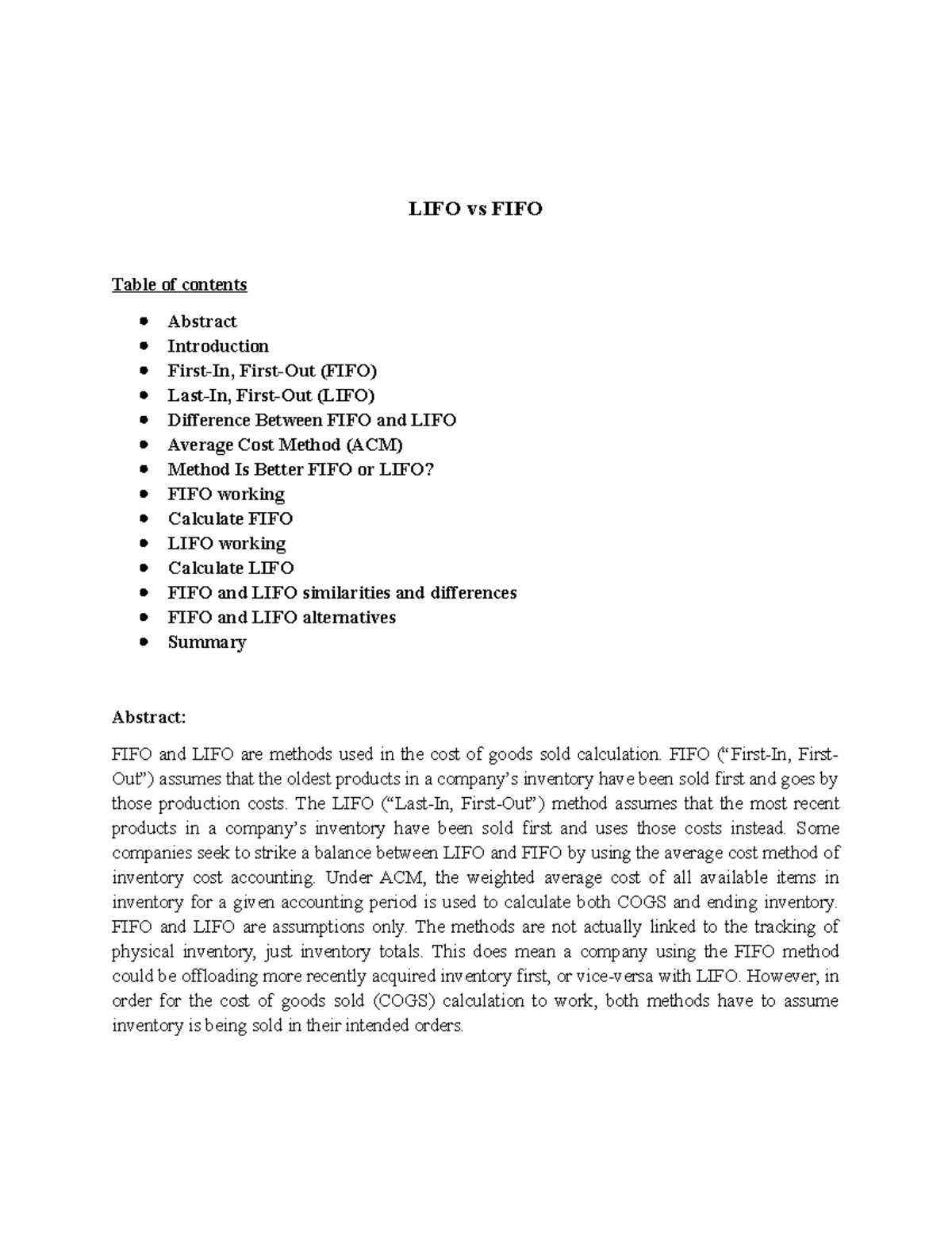 Advance Accounting (8404) - LIFO vs FIFO Table of contents Abstract ...