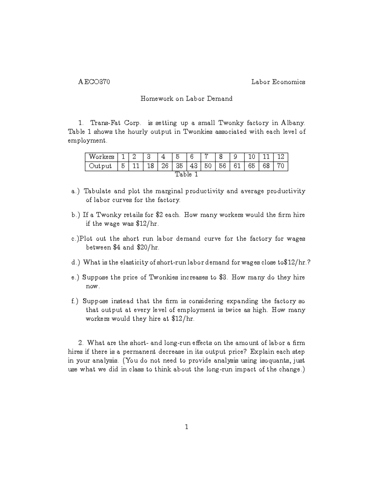 Hw3 - Homework 3 - Homework on Labor Demand - AECO370 Labor Economics ...
