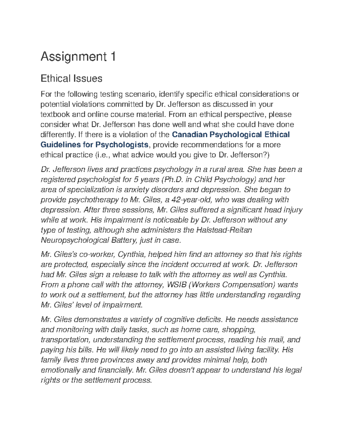 Psyc 3206 Assignment 1 - Ethical Issues - Assi gnment 1 Ethical Issues ...