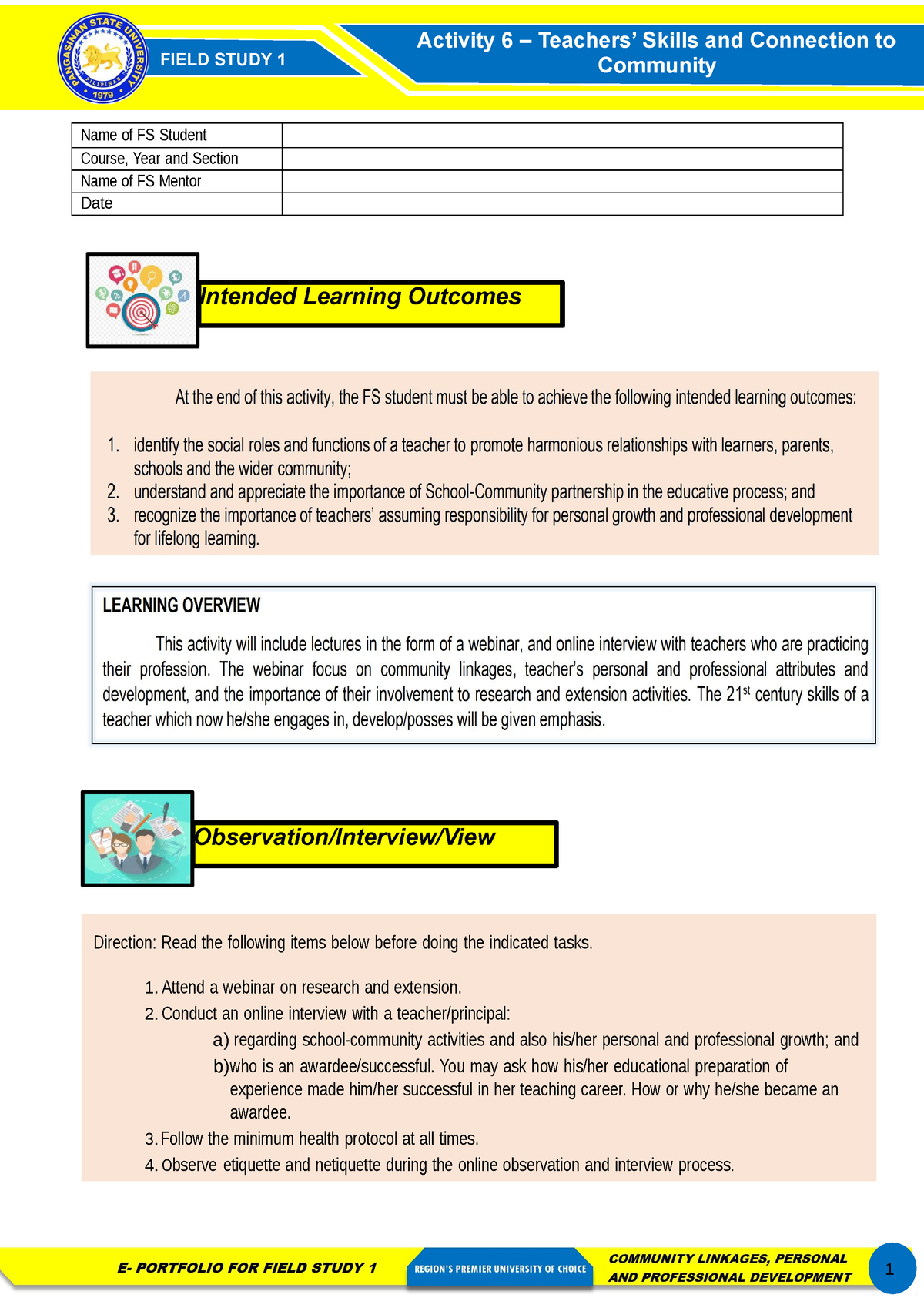 L FS1 Activity 6 updated - Intended Learning Outcomes Observation ...