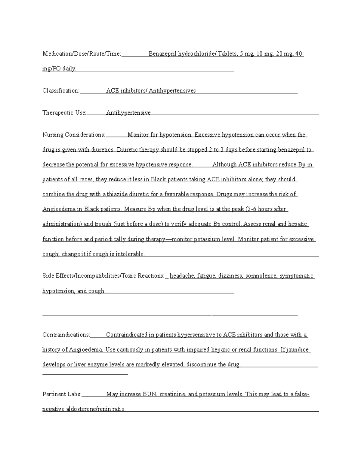 Drug cards Unit 3completed - Medication/Dose/Route/Time: Benazepril ...