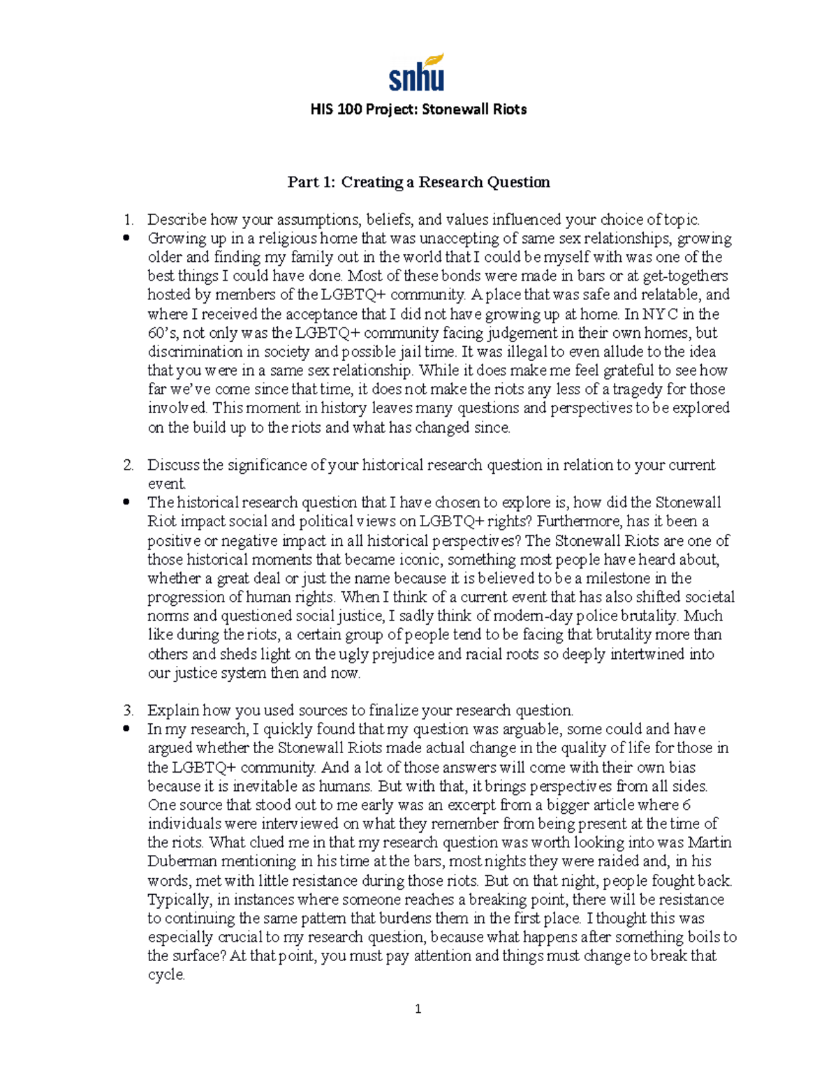 HIS 100 Final Project HIS 100 Project Stonewall Riots Part 1