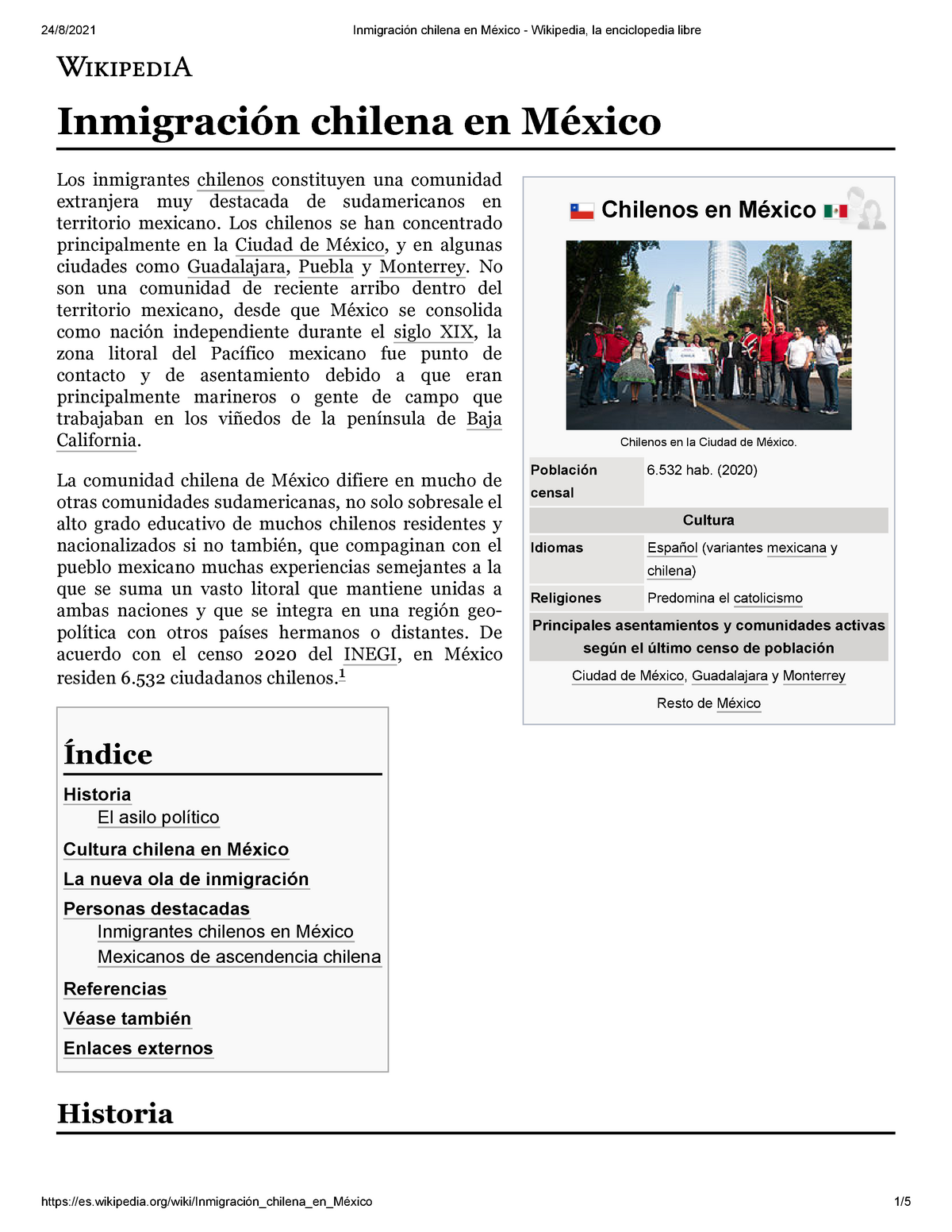 Inmigración chilena en México - Wikipedia, la enciclopedia libre - Chilenos  en México Chilenos en la - Studocu