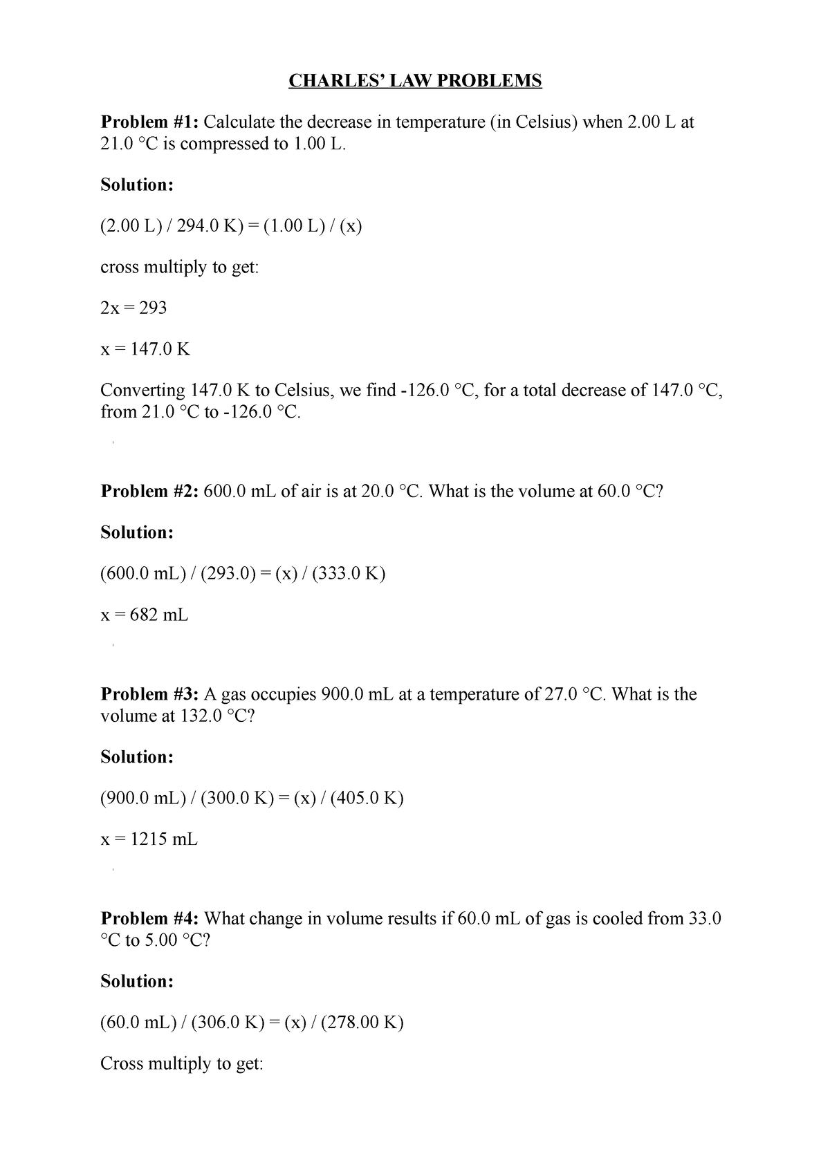 Charles Law Problem Set Charles Law Problems Problem 1 Calculate