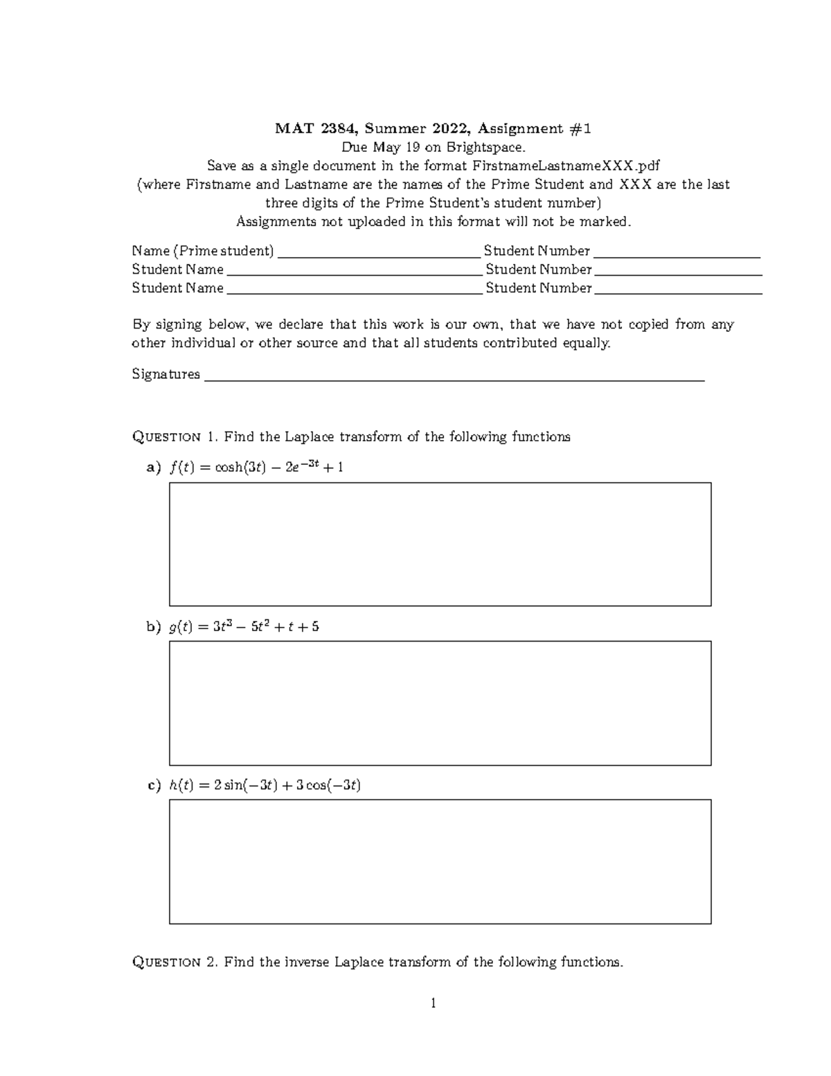 Assg1n - MAT 2384 Assignment 1 - MAT 2384, Summer 2022, Assignment ...