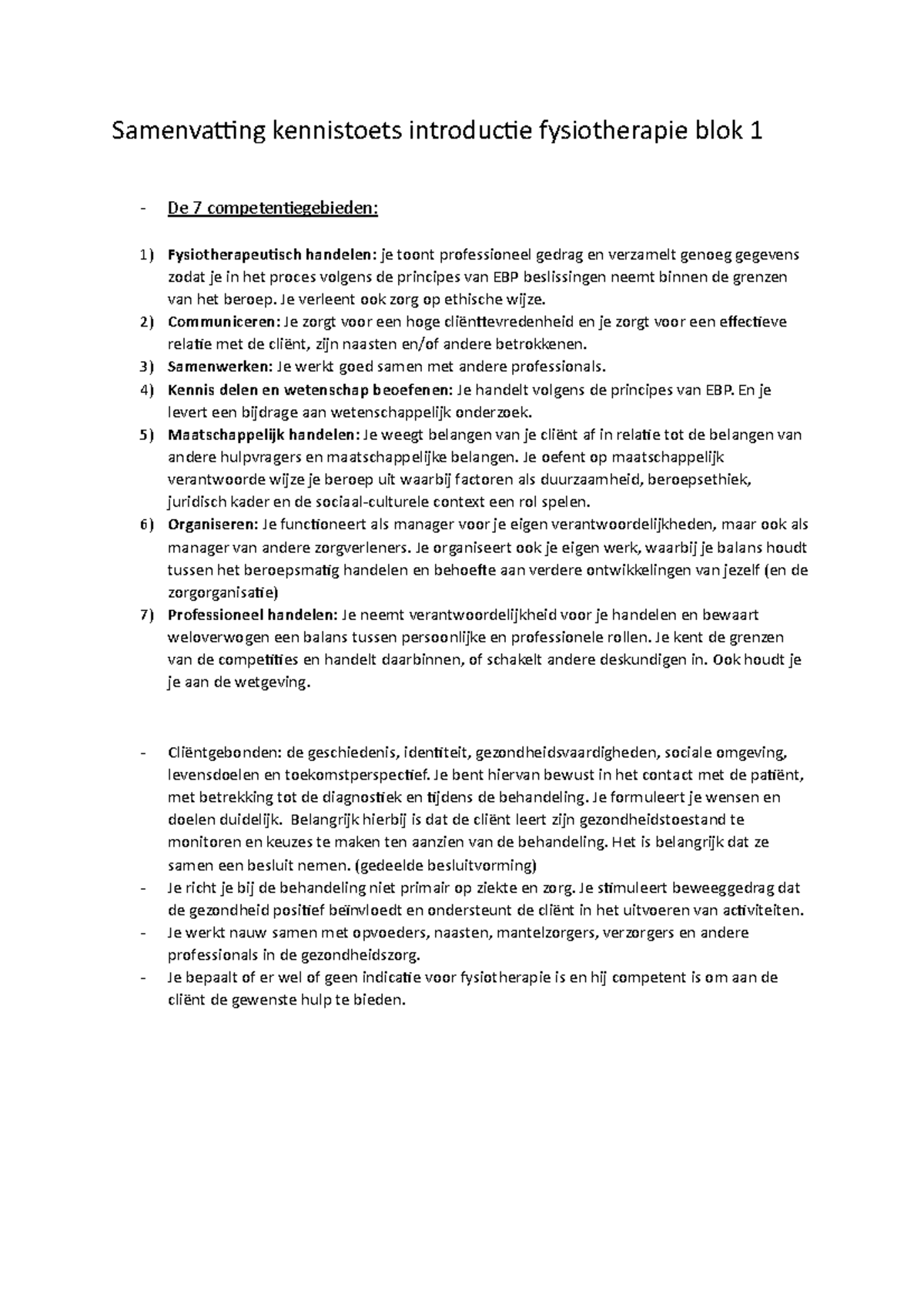 Samenvatting Introductie Fysiotherapie Blok 1 - Samenvatting ...