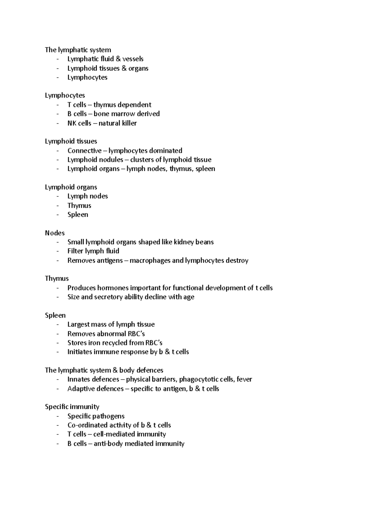 immune lecture notes - The lymphatic system - Lymphatic fluid & vessels ...
