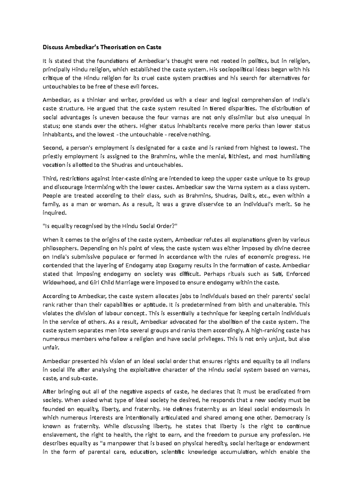 Ambedkar's theorization of caste - Discuss Ambedkar’s Theorisation on ...