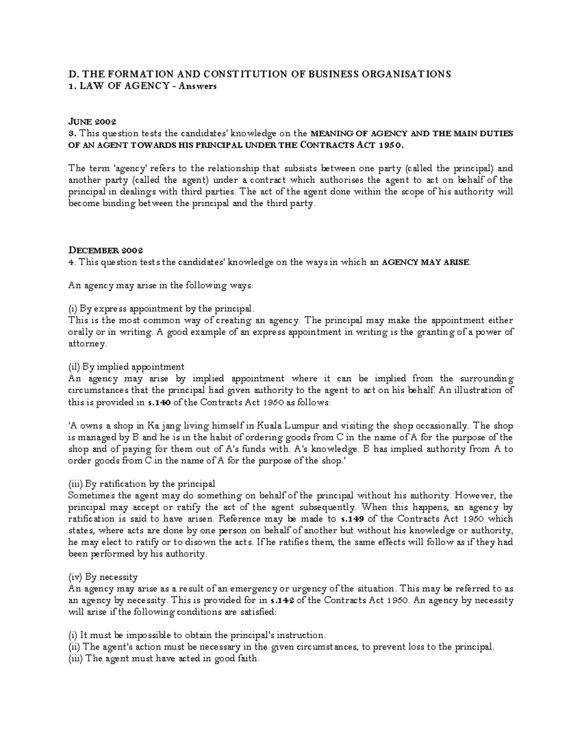 LAW OF Agency S - notes - D. THE FORMATION AND CONSTITUTION OF BUSINESS ...