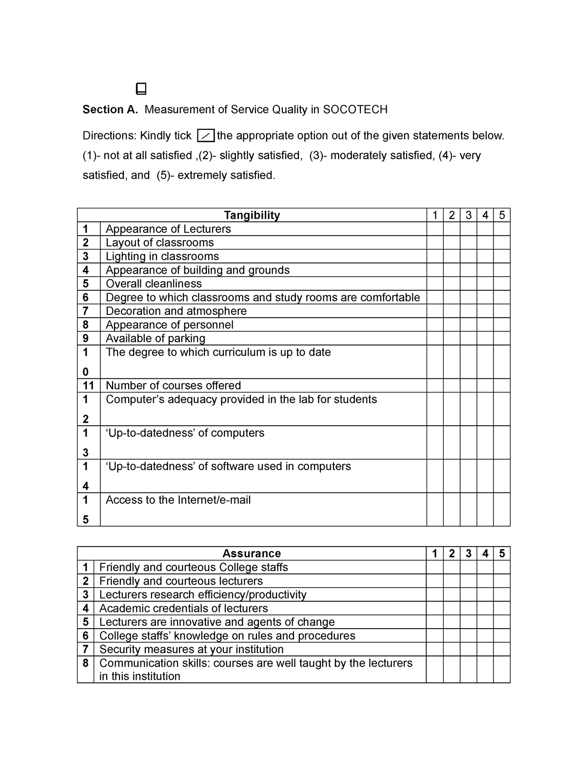 Service quality questionnaire - Section A. Measurement of Service ...