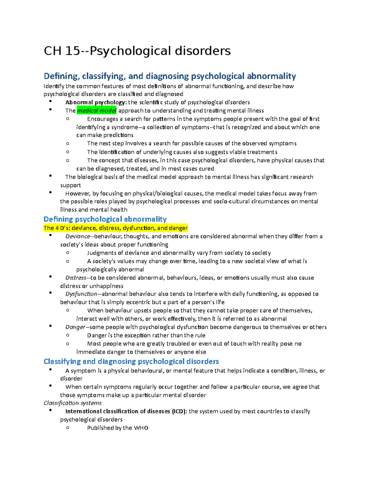 Chapter 15 Notes - CH 15-Psychological Disorders Defining, Classifying ...