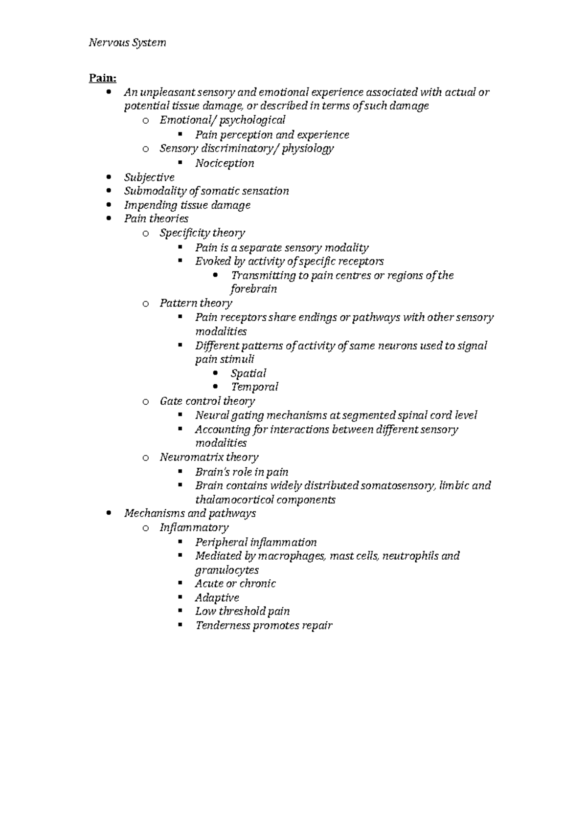 Pain and Nociception Lecture Notes - Nervous System Pain: An unpleasant ...
