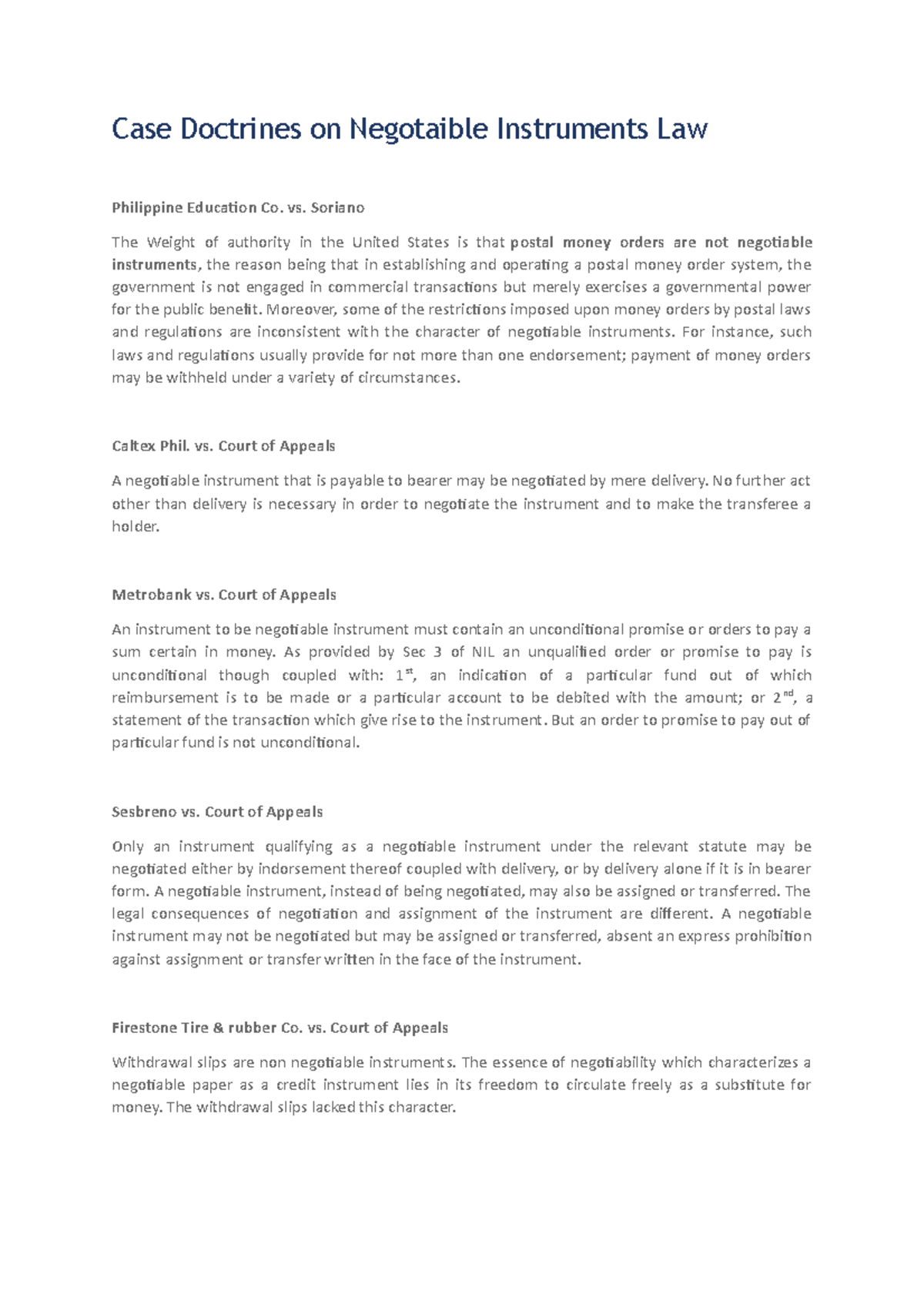 Case Doctrines on Negotiable Instruments Law - Case Doctrines on ...