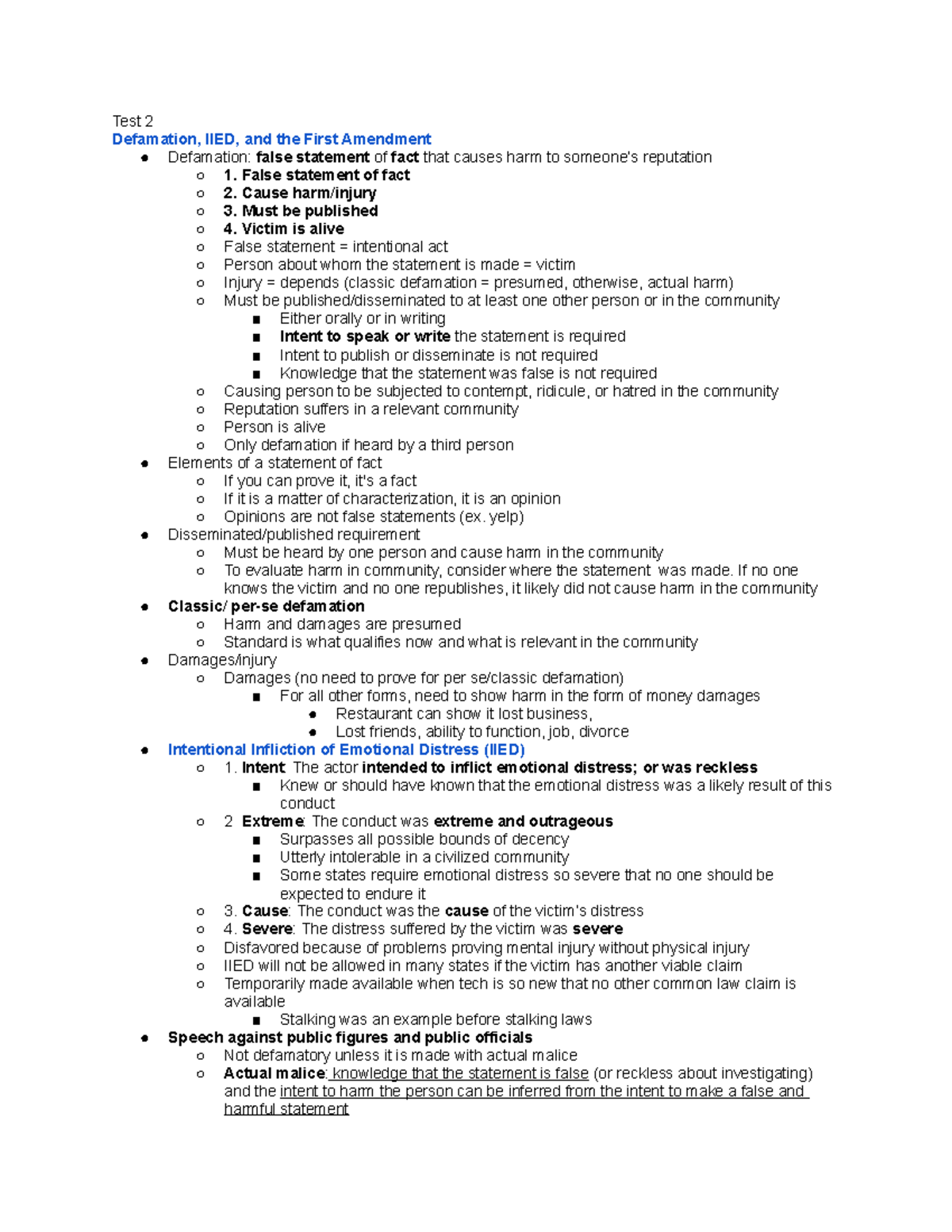 Test 2 Study Guide - Test 2 Defamation, IIED, and the First Amendment ...